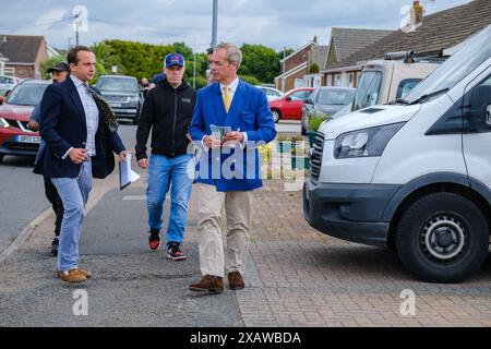 Nigel Farage Election , Clacton on Sea, UK, 8, June,2024   Reform Party Leader Nigel Farage canvassing in Jaywick, by Clacton-on-Sea,, Essex today. Stock Photo