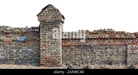 Very old destroyed fence made of clay bricks. Isolated on white Stock Photo