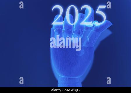 Happy new year 2025. Artificial intelligence, Ai, Robotic hand writing 2025, welcome the coming year of new technology journey. Stock Photo