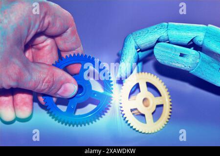 AI, Machine learning, Hands of robot and human touching gears on big data network connection background, Science and artificial intelligence technolog Stock Photo