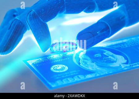 Robot hand holding a Innovations pill laying in a 100 dollar bill. In medicine Abstract Molecular Structure Stock Photo