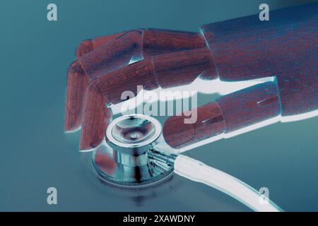 The future of healthcare and medicine, medical robotics and science fiction concept with the hand of a robot doctor using a stethoscope isolated on a Stock Photo
