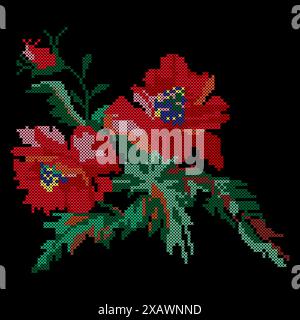 Cross stitch flowers. Floral embroidery pattern, vector illustration. Stock Vector