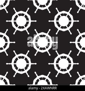 Vector seamless pattern with ship steering wheel or nautical boat helm white silhouettes. Marine, sea traveling, Columbus Day repeat pattern design, b Stock Vector