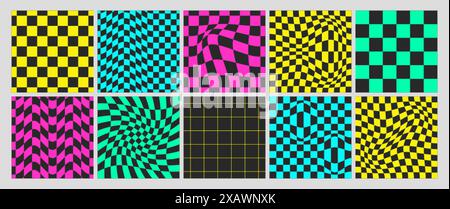 Acid psychedelic checkerboard with warped grid tile, wavy lines. Trippy checkered wallpaper or groovy distortion backgrounds. Twisted seamless pattern in trendy y2k style. Square distorted chessboards Stock Vector