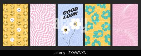 Psychedelic checkerboard set with distorted grid tile. Checkered seamless pattern in retro y2k style. Warped chessboard, poster with funky daisy flowers, fun smile faces. Geometric twisted backgrounds Stock Vector