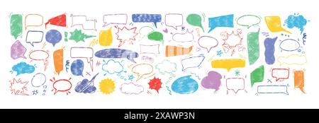 Hand drawn speech bubbles in different shapes. Colorful chalk pencil frames for chat and comments. Crayon dialog balloon, color doodle drawing thinking box. Grunge comic cloud text, conversation boxes Stock Vector