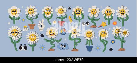 Set of groovy daisy flowers face. Funky flower characters, cute chamomiles in pot. Hippie floral stickers in trendy psychedelic retro y2k style. Trippy garden plants with different facial expressions. Stock Vector