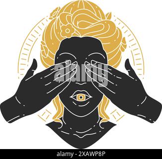 Beauty mystic female portrait with hand covering eyes silhouette. Magic woman vector illustration for wall art poster print template. Spiritual women Stock Vector