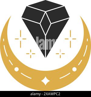 Magic crystal and moon crescent silhouette vector illustration. Witchcraft drawing for poster and mystic logo emblem decoration or fashion print. Stock Vector