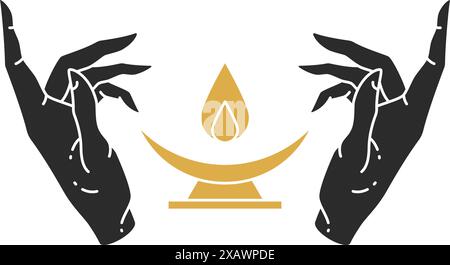 Woman hands gesture with candle silhouette vector illustration. Witchcraft drawing for poster and mystic logo emblem decoration or fashion print. Stock Vector