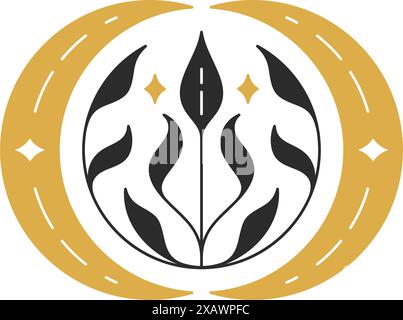 Branch with leaves and moon crescent silhouette vector illustration. Boho style drawing for wall art poster print template. Mystic concept design. Stock Vector