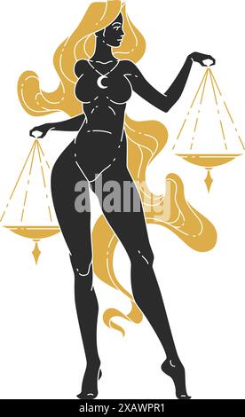 Zodiac libra woman horoscope sign line art silhouette design vector illustration. Beautiful female as zodiac libra symbol for feminine astrology card Stock Vector