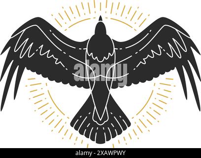 Mystic flying raven hand drawn silhouette vector illustration. Witchcraft drawing for poster and mystic logo emblem decoration or fashion print. Stock Vector