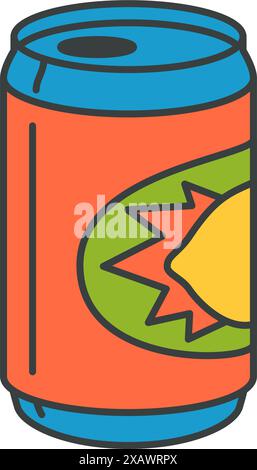 Retro lemon soda open can pop art groovy t shirt print decorative design vector cartoon illustration. Vintage aluminum fresh beverage pack comic funky Stock Vector