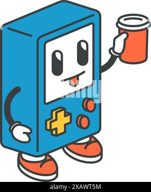 Vintage tetris character dye bottle isometric pop art cartoon illustration. Retro electronic video game playing console with smiling face positive emo Stock Vector