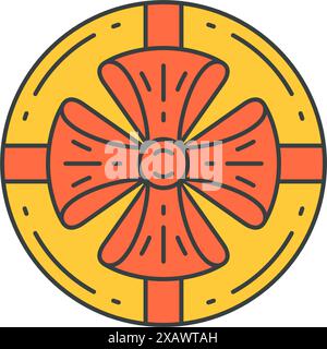 Circle yellow festive gift box decorated by red bow top view pop art groovy style vector cartoon illustration. Rounded present cardboard container car Stock Vector