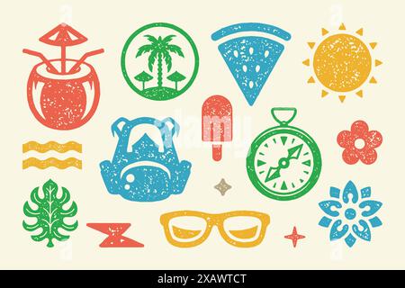 Summer symbols and objects set vector illustration. Tropical island with palm trees and canopy. Tourist backpack with compass and sunglasses. Stars an Stock Vector