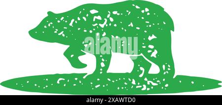 Monochrome hand drawn bear on green grass grunge texture logotype decorative design vector illustration. Simple wild dangerous animal walking outdoor Stock Vector