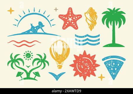 Summer symbols and objects set vector illustration. Island with double palm tree and umbrellas with vintage airship. Twisted shell with starfish and w Stock Vector