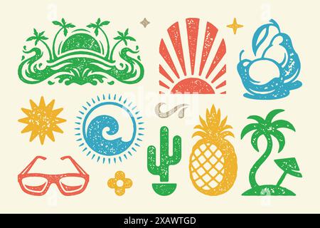 Summer symbols and objects set vector illustration. Bright symbol of rising sun with palm tree and umbrella. Ripe pineapple and pears for cool cocktai Stock Vector