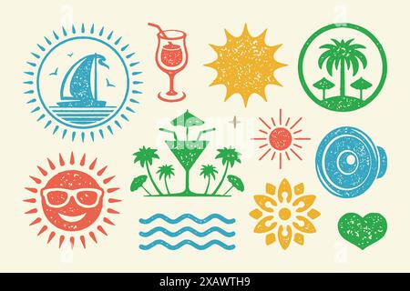 Summer symbols and objects set vector illustration. Tropical island with palm trees and sea waves. Audio speaker with smiling sun in sunglasses and fl Stock Vector