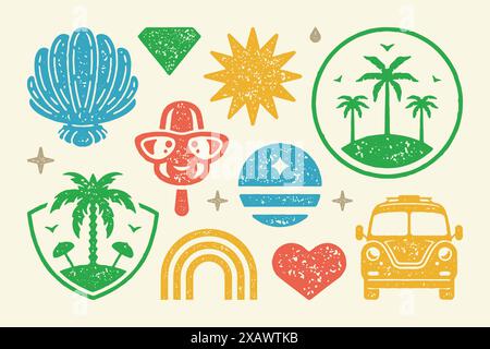 Summer symbols and objects set vector illustration. Tropical island with palm trees and umbrellas and passenger car. Abstract symbols of rainbow and h Stock Vector