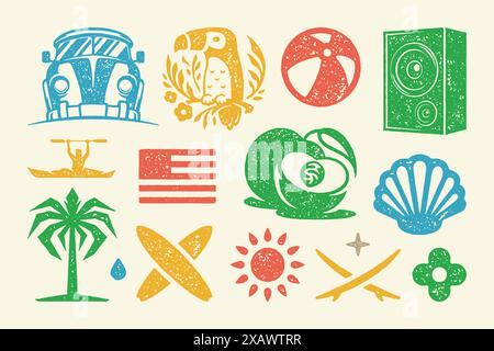 Summer symbols and objects set vector illustration. Vintage music speaker with precious shell and sun symbol. Crossed surfboards with palm and water d Stock Vector