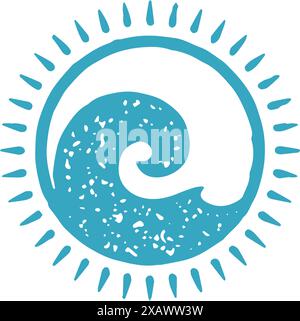Monochrome blue sea wave circle contoured hand drawn ornamental logotype grunge texture vector illustration. Simple pure ocean aqua decorative design Stock Vector
