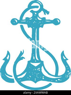 Vintage sharp nautical anchor with rope for ship safety parking blue grunge texture vector illustration. Retro navy symbol traditional classic sea tra Stock Vector