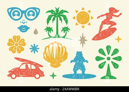 Summer symbols and objects set vector illustration. Bear on board and surfers car. Openwork shell with bright flower and sun. Symbols stars and womans Stock Vector