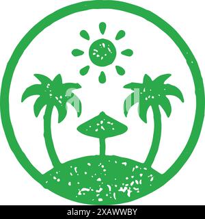 Summer tropical island luxury resort circle frame emblem green hand drawn grunge texture vector illustration. Exotic landscape with palm tree, sunbath Stock Vector
