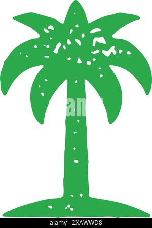 Cute minimalist green palm tree with lush foliage top and high trunk decorative design grunge texture vector illustration. Summer coconut plant natura Stock Vector