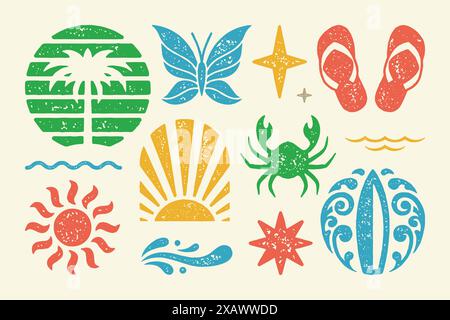Summer symbols and objects set vector illustration. Summer sandals with sea crab and rising sun. Abstract surfboard on waves. Bright star and holiday Stock Vector