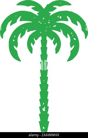Green straight natural palm tree with lush foliage decorative logo design grunge texture vector illustration. Minimalist hand drawn tropical coconut p Stock Vector