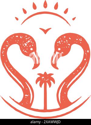 Red flamingo couple romantic island luxury resort summer travel vacation hand drawn grunge texture vector illustration. Beautiful elegant birds with p Stock Vector