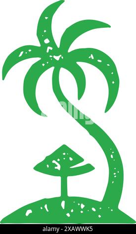 Curved natural palm tree with sun umbrella on wild island at ocean monochrome grunge texture vector illustration. Summer vacation landscape tropical e Stock Vector