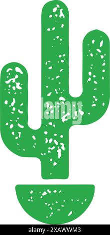 Traditional wild Mexican desert cactus in bowl pot monochrome green grunge texture vector illustration. Simple tropical plant covered by needles summe Stock Vector