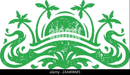 Wild uninhabited island at ocean with natural palm trees and sea waves monochrome grunge texture vector illustration. Hand drawn green nature landscap Stock Vector