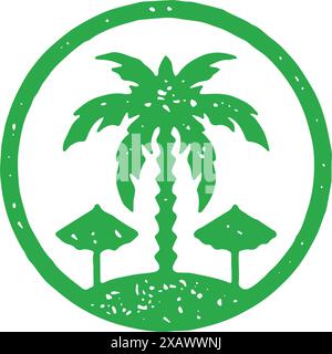 Romantic tropical circle frame logo with palm tree island and two sunbathing umbrella grunge texture vector illustration. Honeymoon beach resort for c Stock Vector