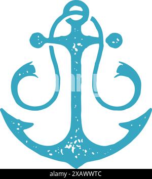 Decorative vintage nautical anchor with torn rope for hanging blue grunge texture vector illustration. Retro navy hook with sharp thorns for sea vesse Stock Vector