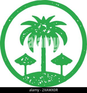 Tropical luxury resort with palm tree and two sunbathing umbrella in circle frame green hand drawn decorative design vector illustration. Grunge textu Stock Vector