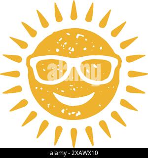 Bright yellow summer sun wearing sunglasses smiling with positive emotion hand drawn grunge texture vector illustration. Happy travel holiday vacation Stock Vector
