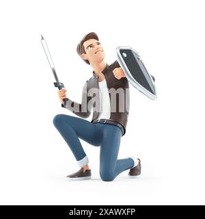 3d cartoon man with shield and sword defending, illustration isolated on white background Stock Photo