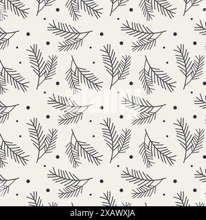 Fir pine branches with needles Christmas pattern on beige background. For background, packaging, backdrop, backing. Vector illustration Stock Vector