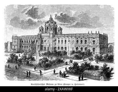 The 'Museum of Fine Arts, Vienna - Kunsthistorisches Museum' engraving magnificently illustrates the architectural grandeur of this renowned institution. Designed by Gottfried Semper and Karl Freiherr von Hasenauer, the museum is an epitome of historicist architecture, featuring a majestic facade adorned with classical columns, intricate sculptures, and ornate decorations. The engraving captures the symmetrical design and impressive dome that crowns the building. This artwork reflects the museum's significance as a cultural treasure trove, housing vast collections of art and artifacts, and hig Stock Photo