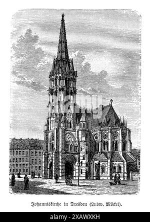 The 'St. John's Church, Dresden' engraving beautifully depicts the architectural magnificence of this historic church, designed by Gotthilf Ludwig Möckel. The artwork highlights the church's stunning neo-Gothic design, featuring soaring spires, intricate stonework, and an impressive facade. The detailed rendering showcases the church's pointed arches, elaborate tracery, and ornate decorations. This engraving captures the grandeur and spiritual ambiance of St. John's Church, reflecting its importance as a cultural and religious landmark in Dresden and its role in the city's rich architectural h Stock Photo