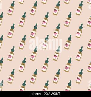 Coneflower essential oil seamless pattern. Dropper bottle with Echinacea flower extract. Natural wellness and herbal therapy. Vector hand drawn flat i Stock Vector