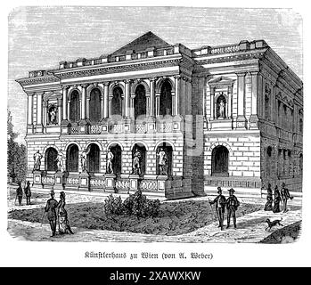 The 'Vienna Kuenstlerhaus' engraving exquisitely portrays the architectural beauty and cultural significance of this historic building, originally designed as an artists' collective. The artwork showcases the Renaissance Revival style with its elegant facades, intricate sculptures, and detailed ornamental elements. The engraving highlights the symmetrical design, grand entrance, and artistic decorations that reflect the Künstlerhaus's role as a pivotal center for art and exhibitions in Vienna. This depiction celebrates the building's enduring legacy in fostering artistic creativity and its imp Stock Photo