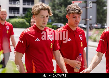 BRATISLAVA, Slovakia. 09th June, 2024. Wales' Charlie Savage and Wales' Lewis Koumas during a team walk prior to the international friendly match between Slovakia & Cymru at the Stadium of Anton Malatinský, Slovakia, on the 9th June. (Pic by John Smith/FAW) Credit: Football Association of Wales/Alamy Live News Credit: Football Association of Wales/Alamy Live News Stock Photo